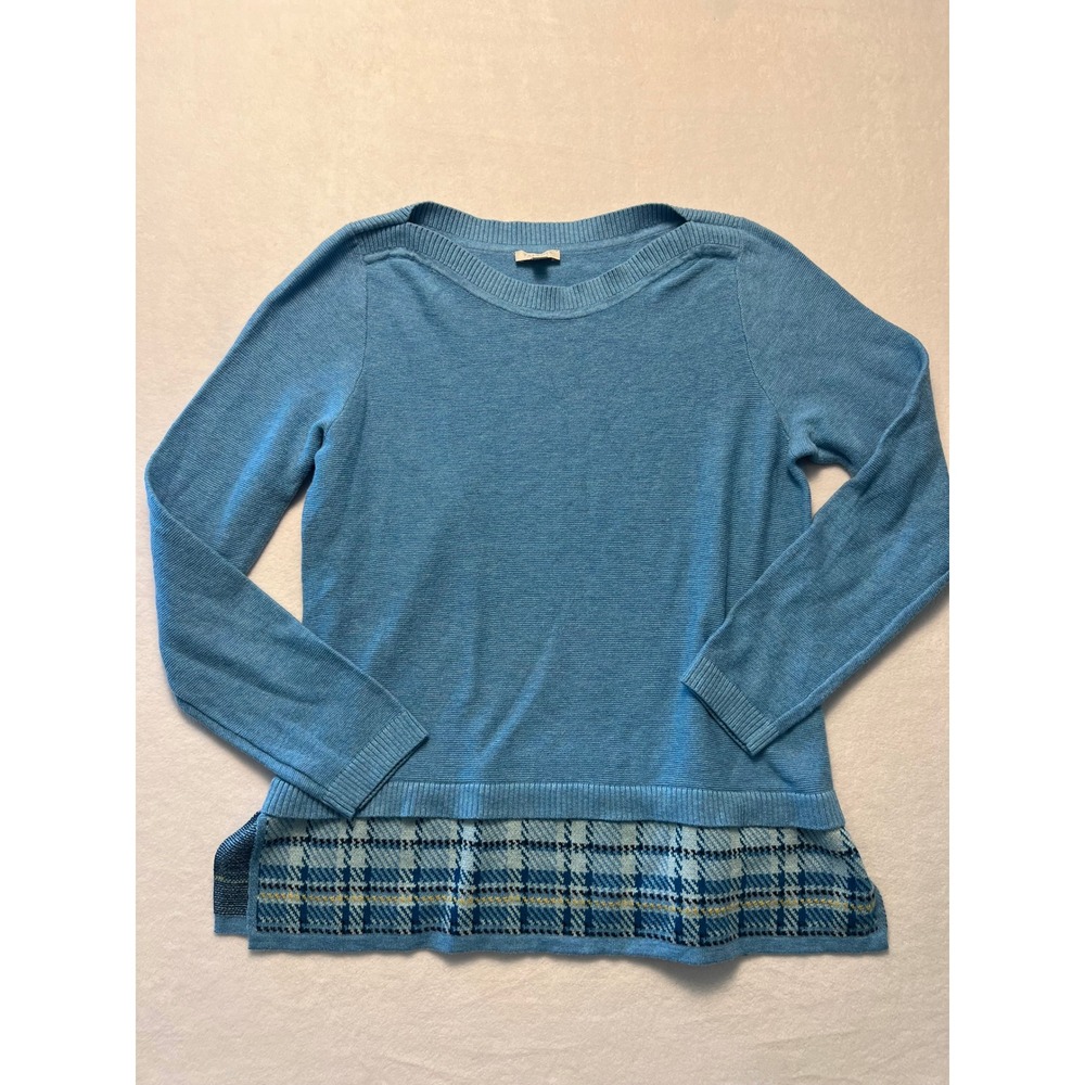 Talbots M Pet Sweater Preppy Plaid Layered Hem Blue Long Sleeve Cotton Pullover